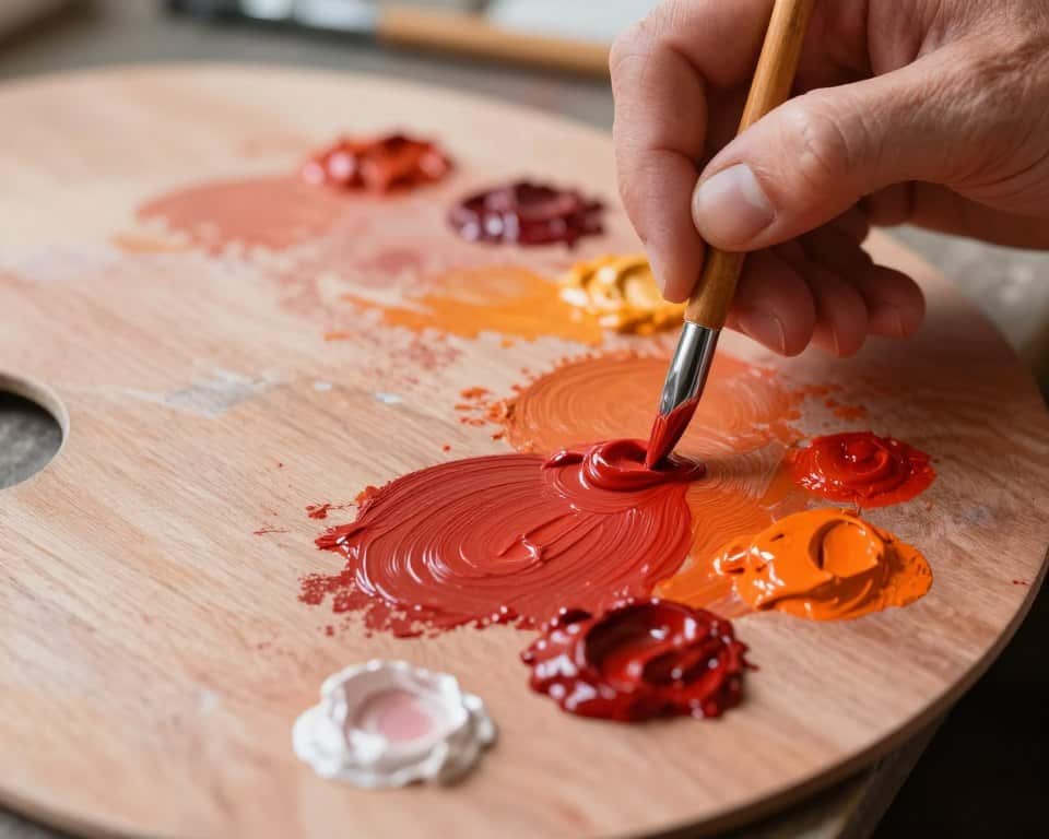 Close-up of artist's hands mixing oil paints on traditional palette