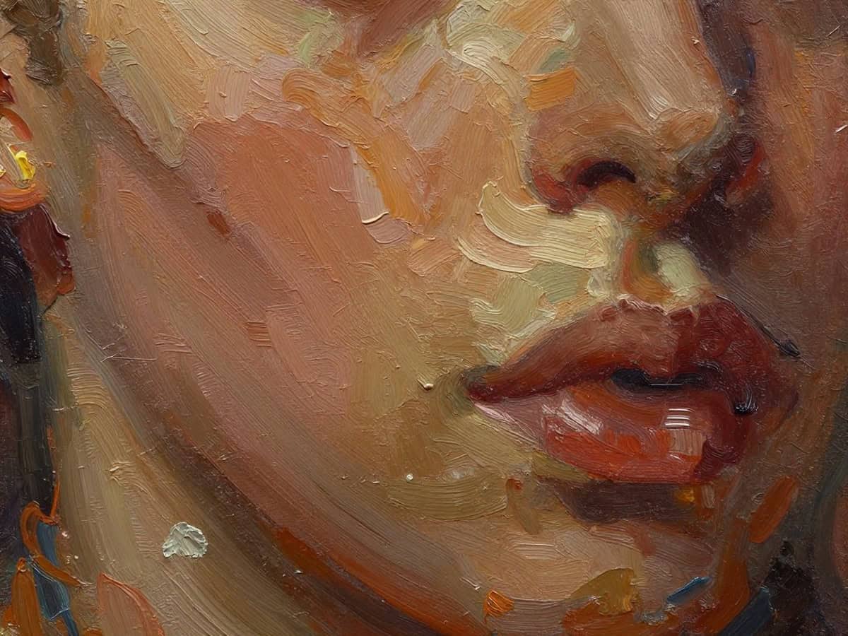 Close-up of oil on canvas texture showing brushstrokes and paint layers