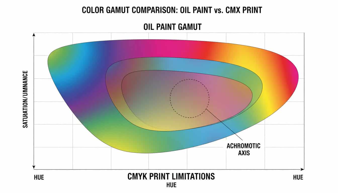 Color gamut diagram showing oil paint versus CMYK print color range