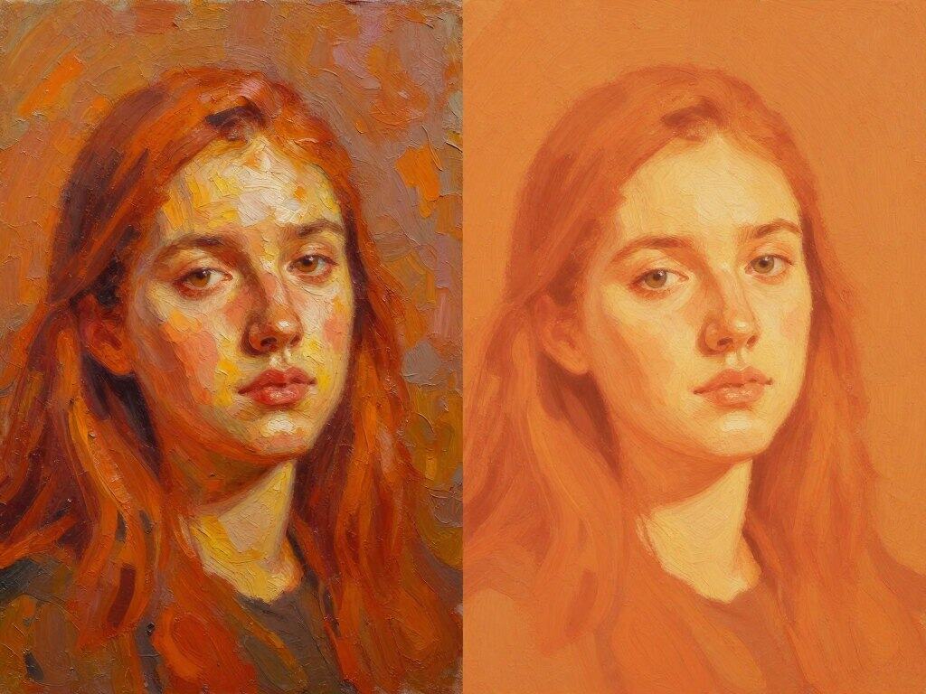 Comparison between layered oil painting technique and flat print reproduction