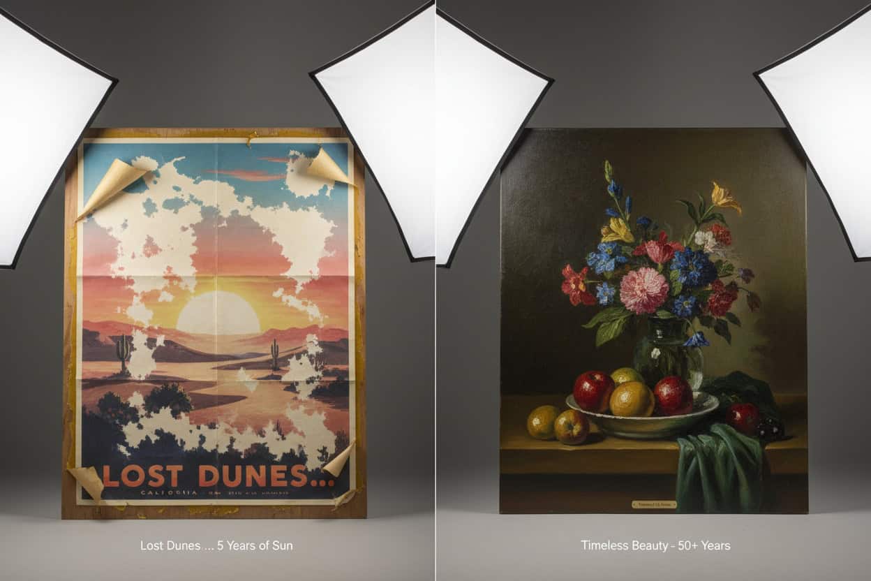 Comparison of aged print versus preserved oil painting