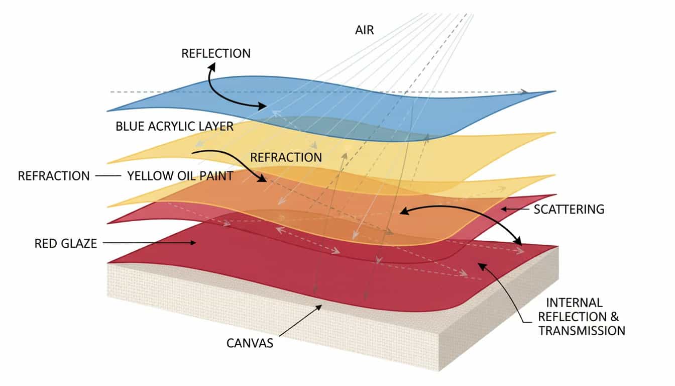 Cross-section diagram showing light penetration through multiple paint layers