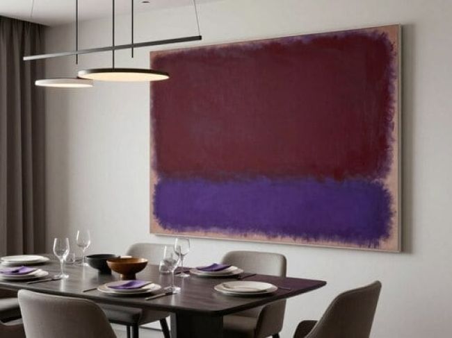 Elegant dining room with deep-toned Rothko creating sophisticated atmosphere