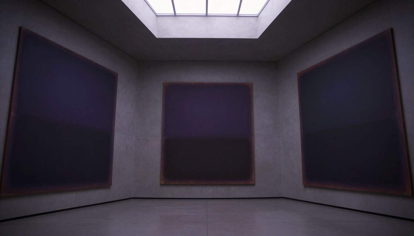 Interior of Rothko Chapel Houston showing dark paintings and skylight