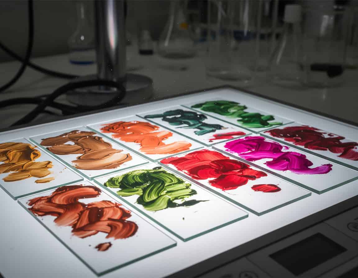 Laboratory view of oil paint pigments and binding media on glass showing transparency