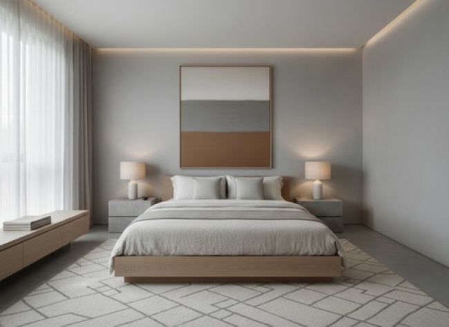 Minimalist bedroom with Rothko painting above bed showing restrained elegance