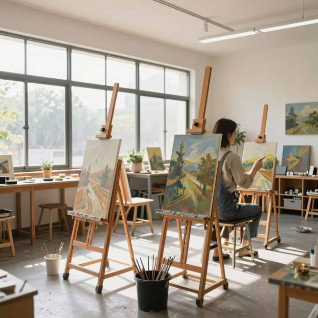 Artist studio in Asia with multiple oil on canvas paintings in progress
