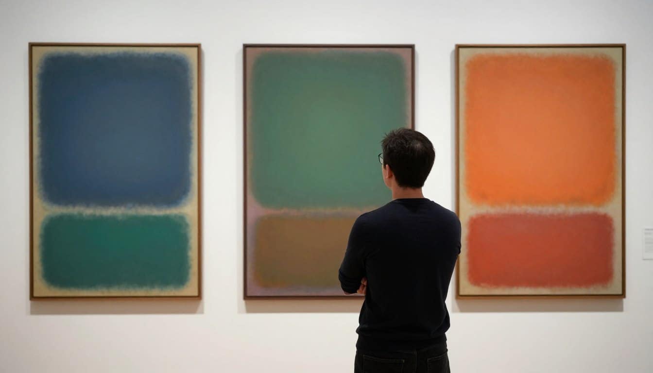 Person contemplating multiple Rothko options in gallery setting