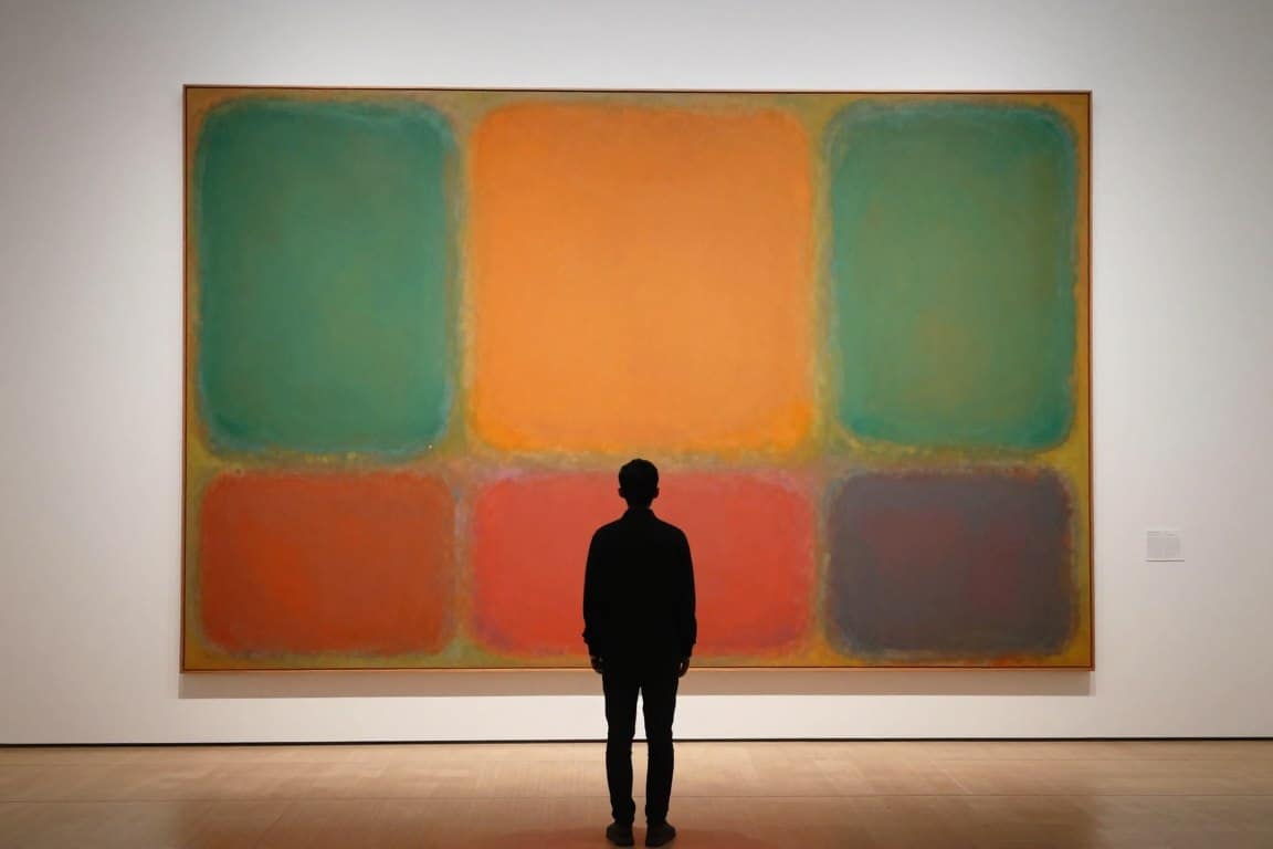 Person standing at different distances from large Modern luxury wall art  Rothko painting showing scale and presence