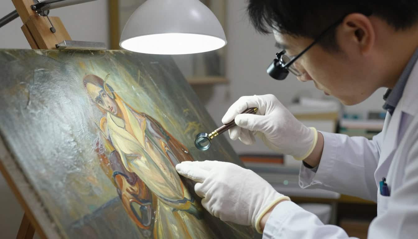Professional art conservator inspecting oil painting with magnifying glass