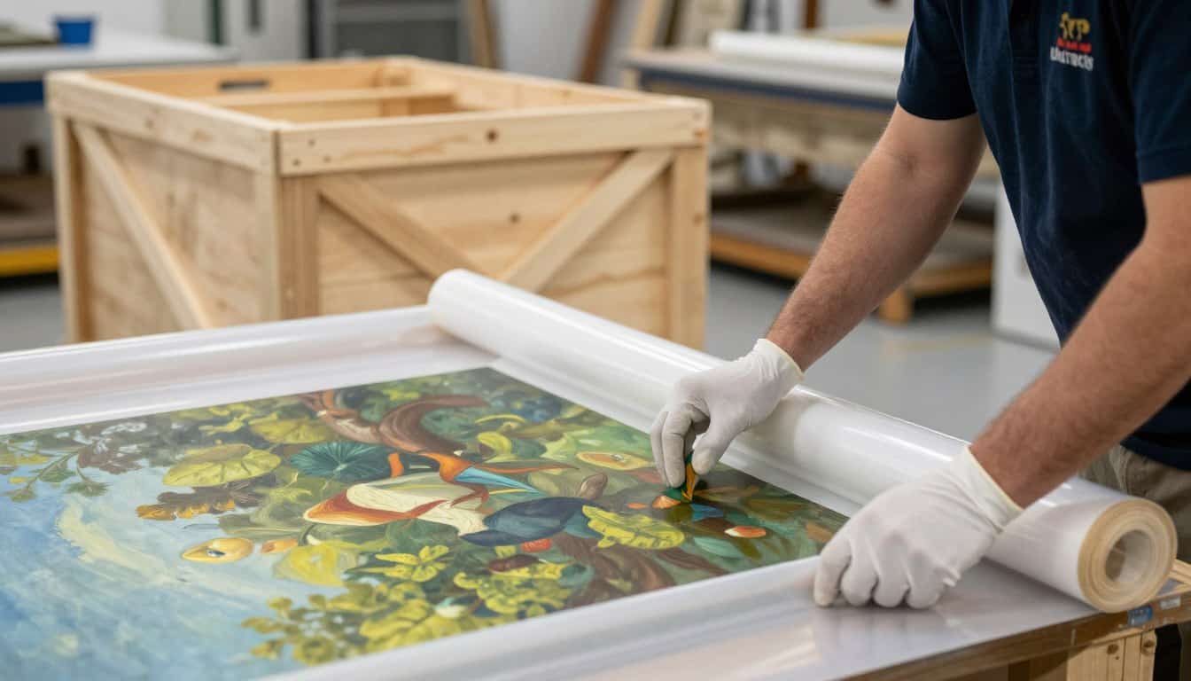 Professional art shipping specialist carefully packing oil painting