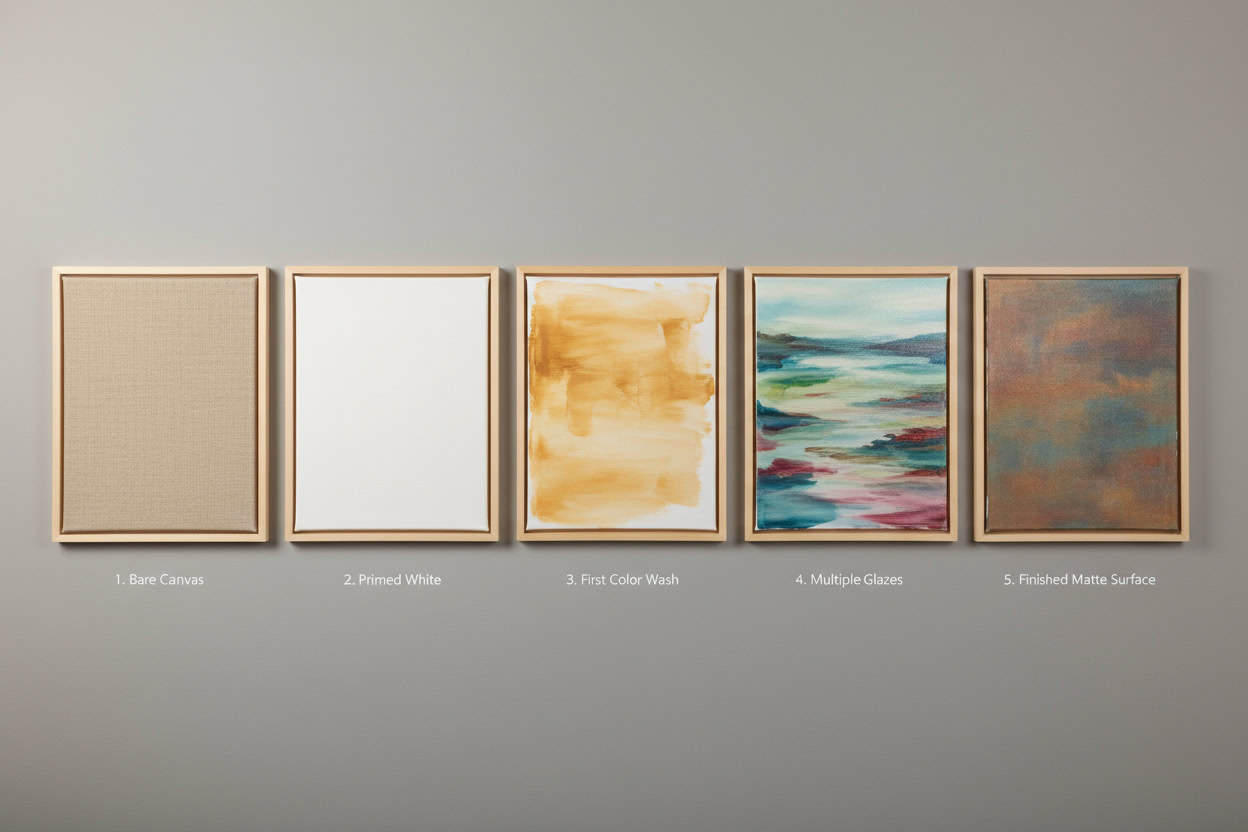 Progression showing canvas from bare to finished with multiple glaze layers