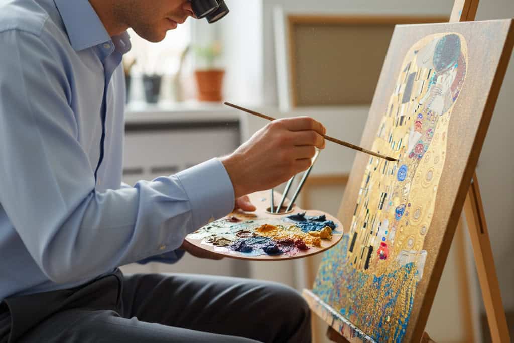 Close-up of an artist adding final details to a repro painting