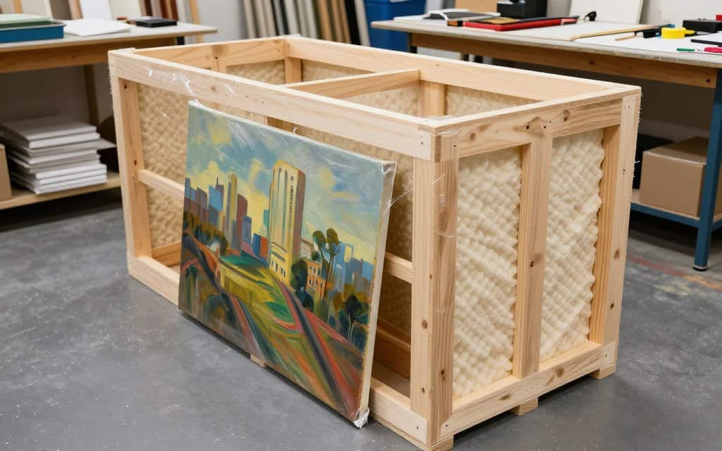 Secure art shipping crate being prepared in professional studio