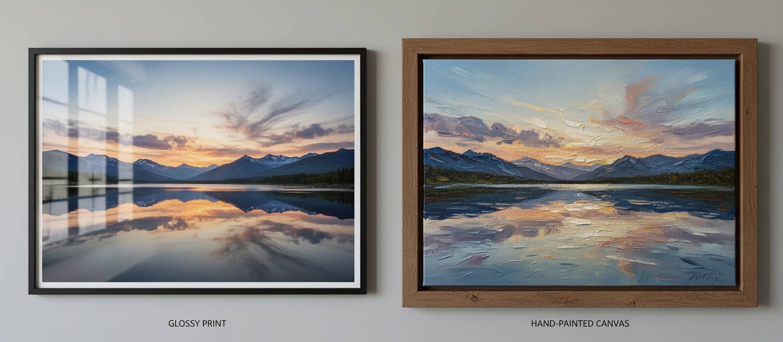 Side-by-side comparison of glossy print versus matte hand-painted canvas texture