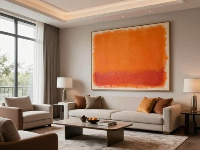 Sophisticated living room with prominent Rothko featuring warm tones