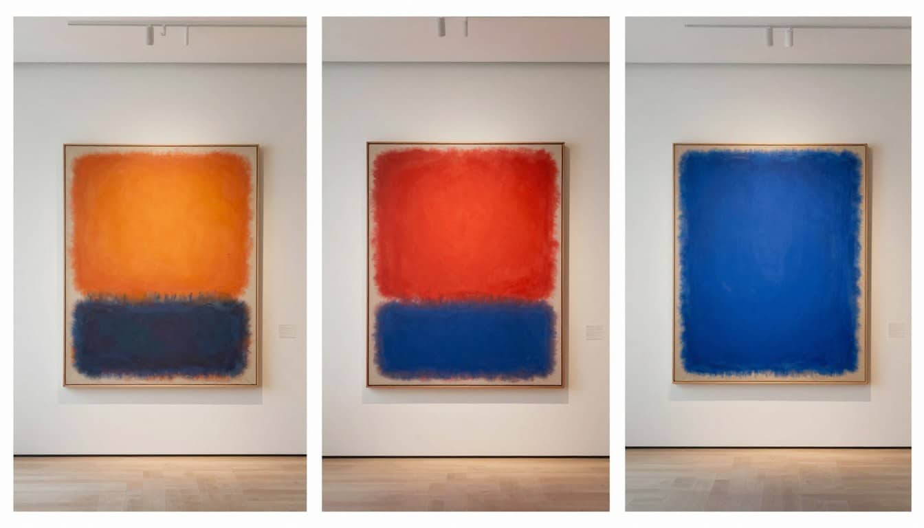 Three different minimalist rooms each featuring different Rothko color palettes