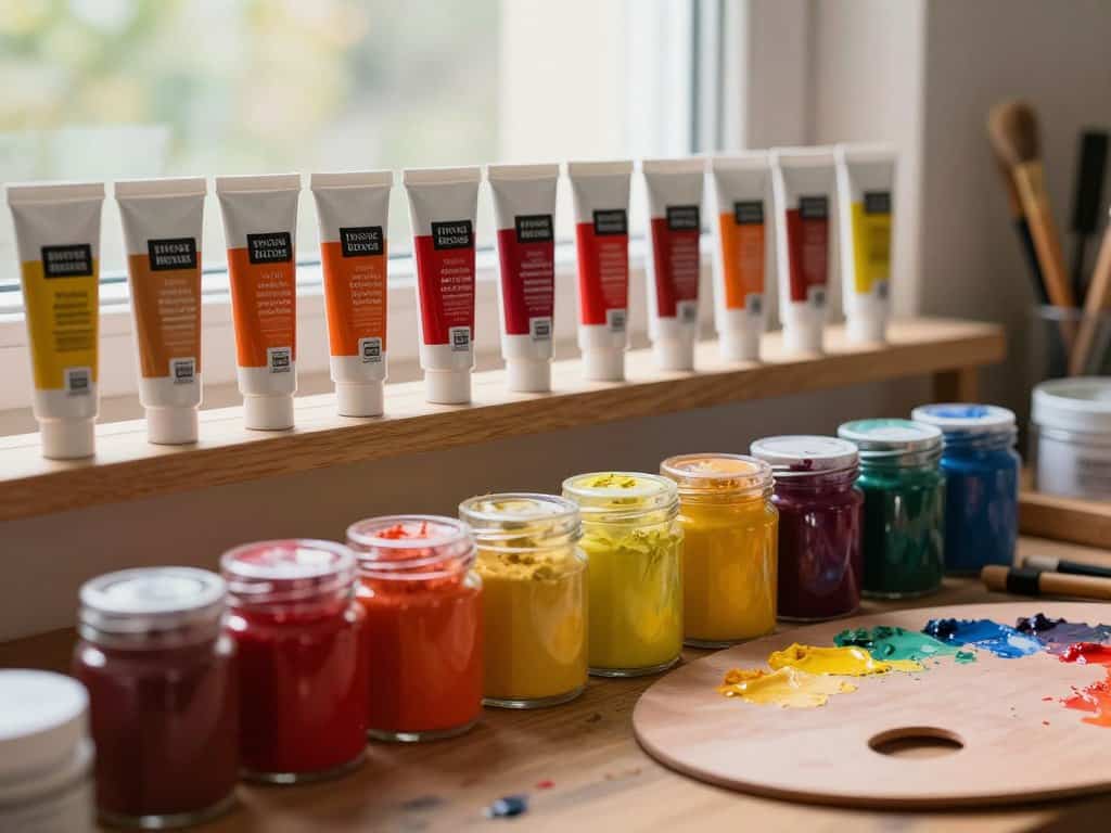 Tubes of archival oil paint and pigment jars in artist studio
