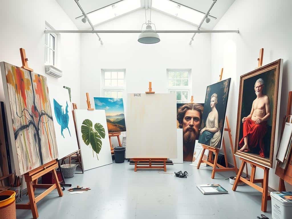Artist studio at Paolo Gallery showing multiple large canvas paintings in progress