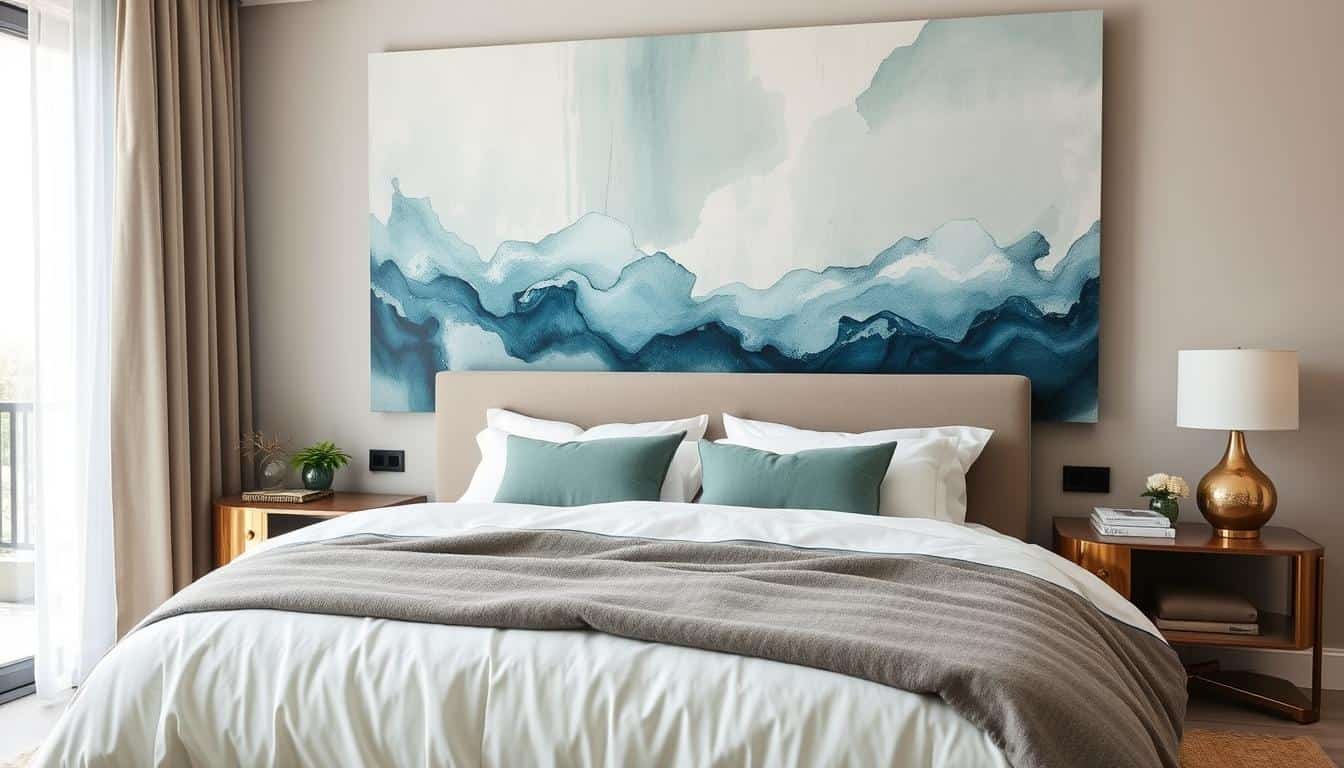 Oversized canvas painting in a bedroom creating a dramatic headboard effect