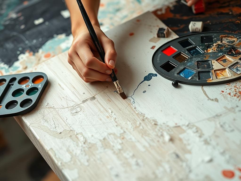 Paolo Gallery artist working on a large abstract wall painting