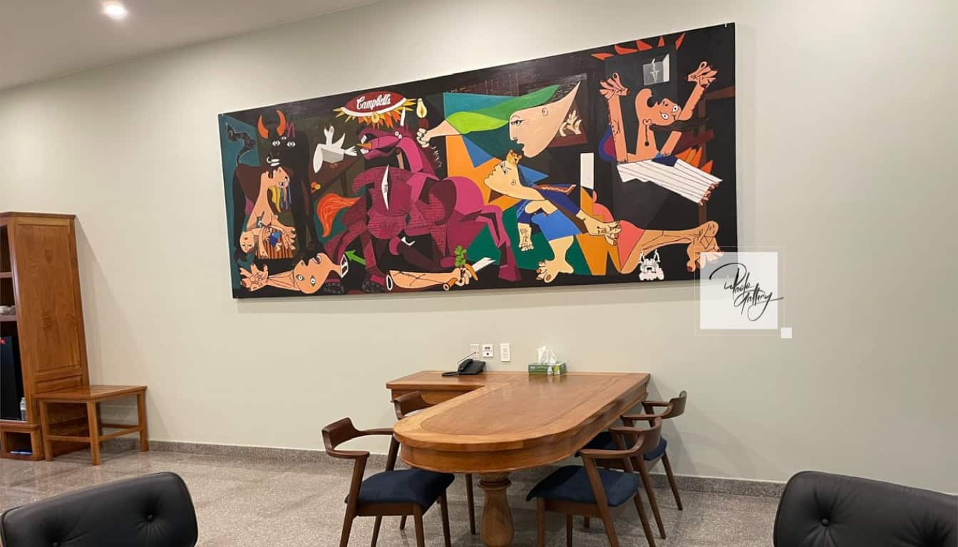 Large abstract wall painting transforming a modern living room