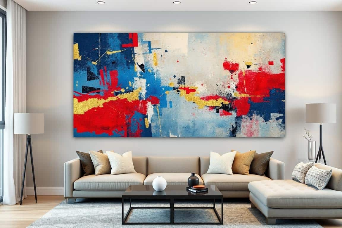 Large abstract wall painting with vibrant colors and textures