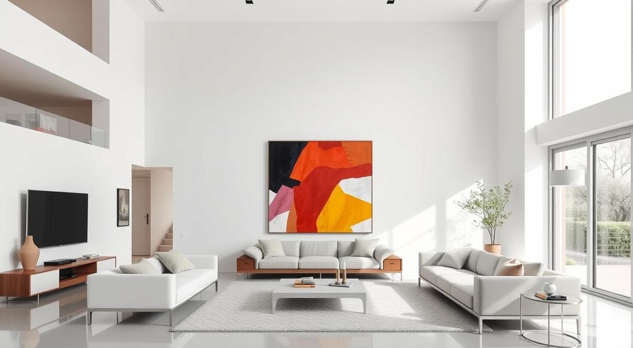 Large modern art painting in a contemporary minimalist living room