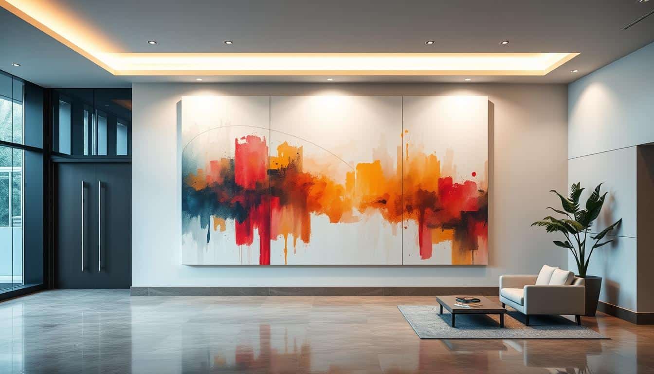 Large modern art painting in a corporate office lobby making a professional statement