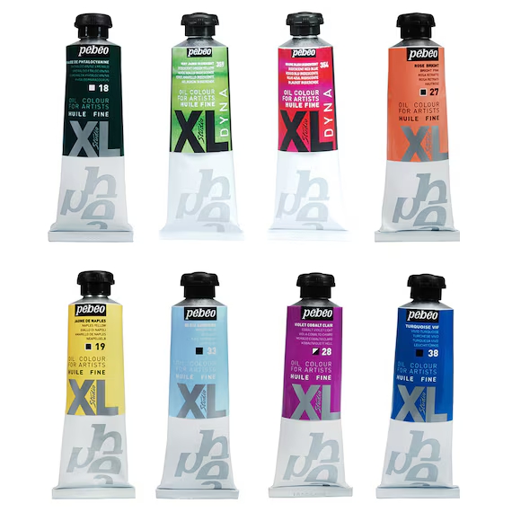 Tubes of professional Pébéo oil paints with rich pigment samples