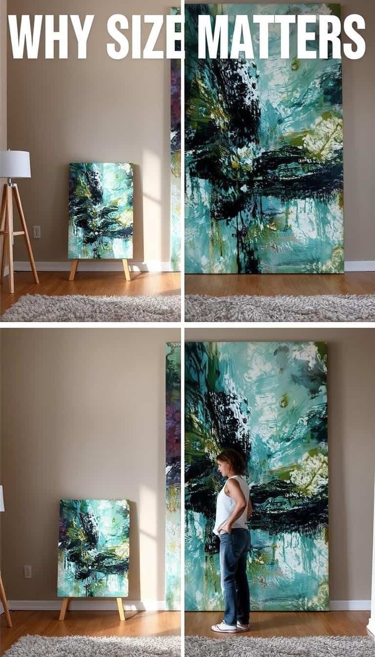 Comparison of different sized canvas paintings showing the dramatic impact of extra large pieces